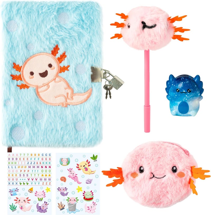 CY2SIDE 6PCS Axolotl Diary with Lock and Keys for Kids, Axolotl Plush Secret Diary Notebook with Coin Purse Pen Stickers and Squeeze Toy, Idea Birthday Christams Gifts for Teen 6 7 8 Girls DIY Gift - Image 1